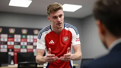 A young, athletic Arsenal scout in his late 20s, dressed in the club's red and navy home kit with the Arsenal crest...