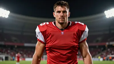 A 30-year-old male football player with a muscular build and short black hair, wearing a red and white jersey made of...
