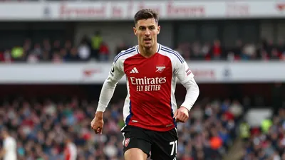 A photorealistic image of an anonymous Arsenal midfielder, aged 25-30, in a white jersey with a red stripe, and black...