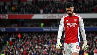 A photorealistic image of an anonymous Arsenal player in a red jersey with white sleeves and white shorts, with a white...