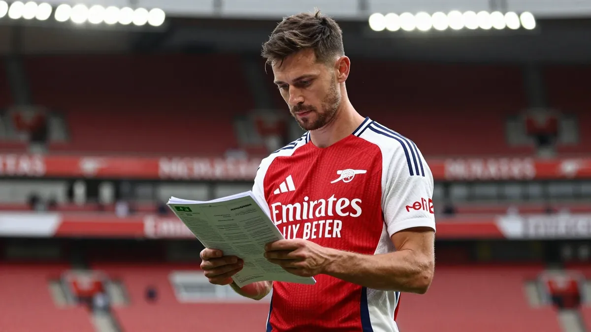 A 45-year-old, 5'11" Arsenal scout, dressed in the club's iconic red and navy home kit with the Arsenal crest on his left...